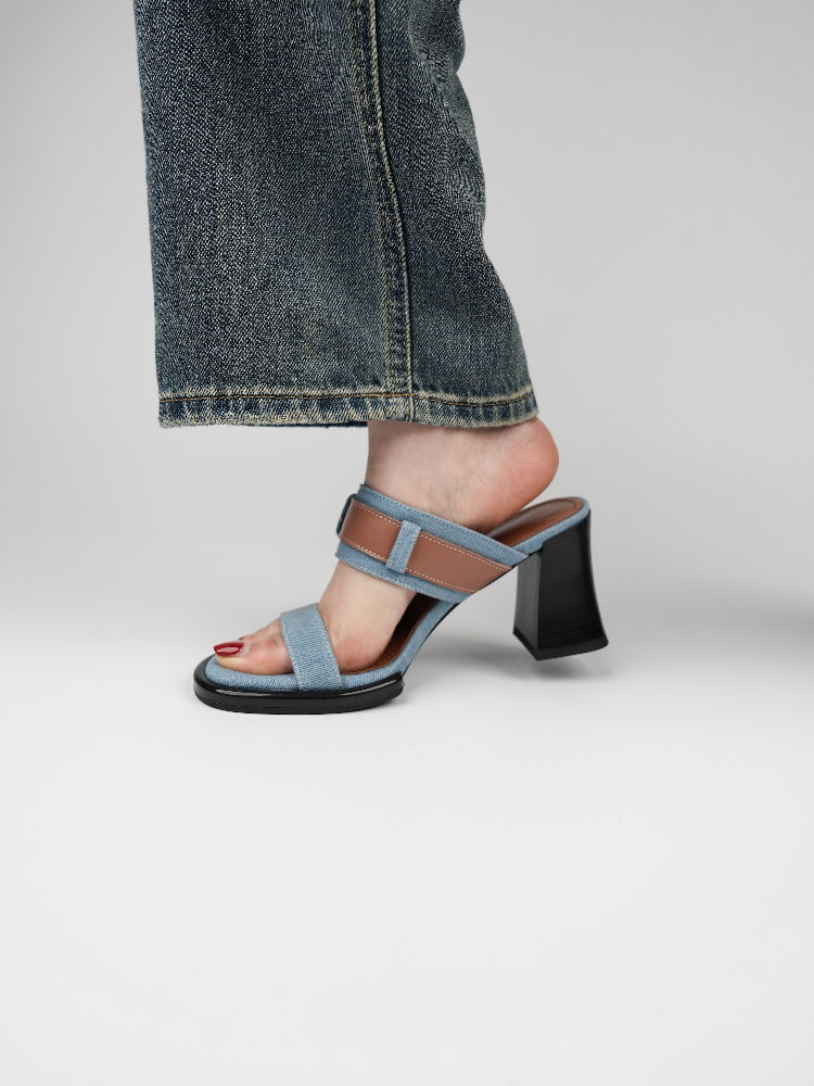 Open-Toe One-Strap High-Heeled Sandals for Women - Fashionable Denim Half-Slippers, Elegant Summer Outdoor Style Open-Toe One-Strap High-Heeled Sandals for Women - Fashionable Denim Half-Slippers, Elegant Summer Outdoor Style