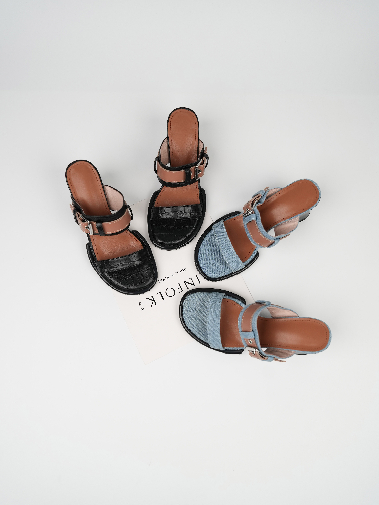 Open-Toe One-Strap High-Heeled Sandals for Women - Fashionable Denim Half-Slippers, Elegant Summer Outdoor Style Open-Toe One-Strap High-Heeled Sandals for Women - Fashionable Denim Half-Slippers, Elegant Summer Outdoor Style