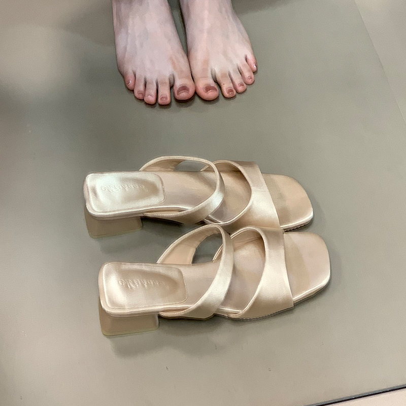 Open-Toe Square-Toe Women's Sandals, 2025 French Style Chunky Heel Slippers, Trendy Slide Sandals for Summer Fashion Open-Toe Square-Toe Women's Sandals, 2025 French Style Chunky Heel Slippers, Trendy Slide Sandals for Summer Fashion