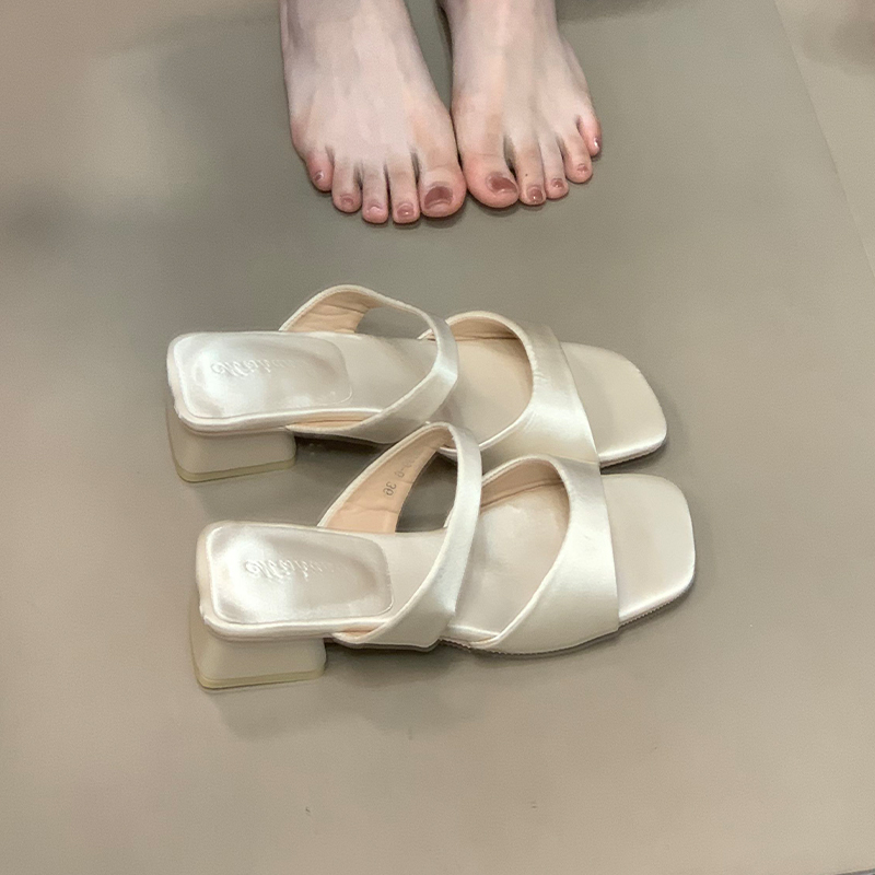 Open-Toe Square-Toe Women's Sandals, 2025 French Style Chunky Heel Slippers, Trendy Slide Sandals for Summer Fashion