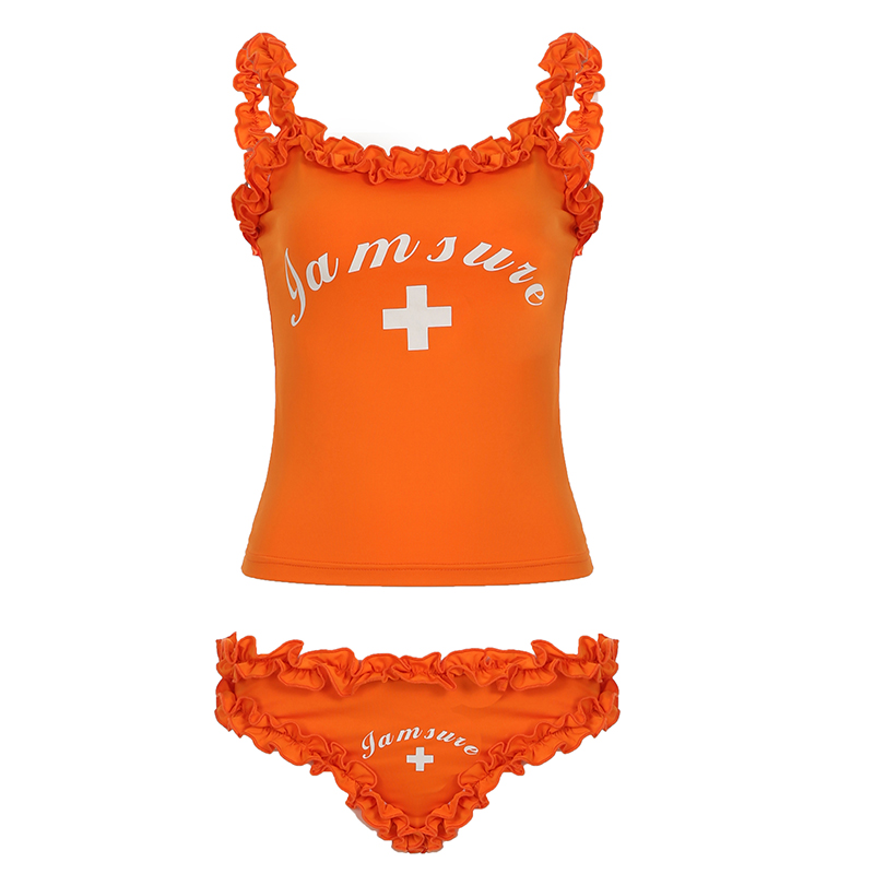 Orange Flavor Dopamine Sexy Ear Edge Two-Piece Set - Printed Camisole and Bikini Shorts, Y2K Summer Fashion, Trendy Beachwear