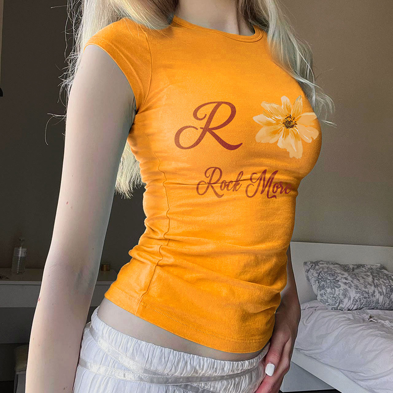 Orange Flavored Sparkling Water Graphic Short Sleeve T-Shirt - Slim Fit, Waist-Defining, Stretchy Hot Girl Style
