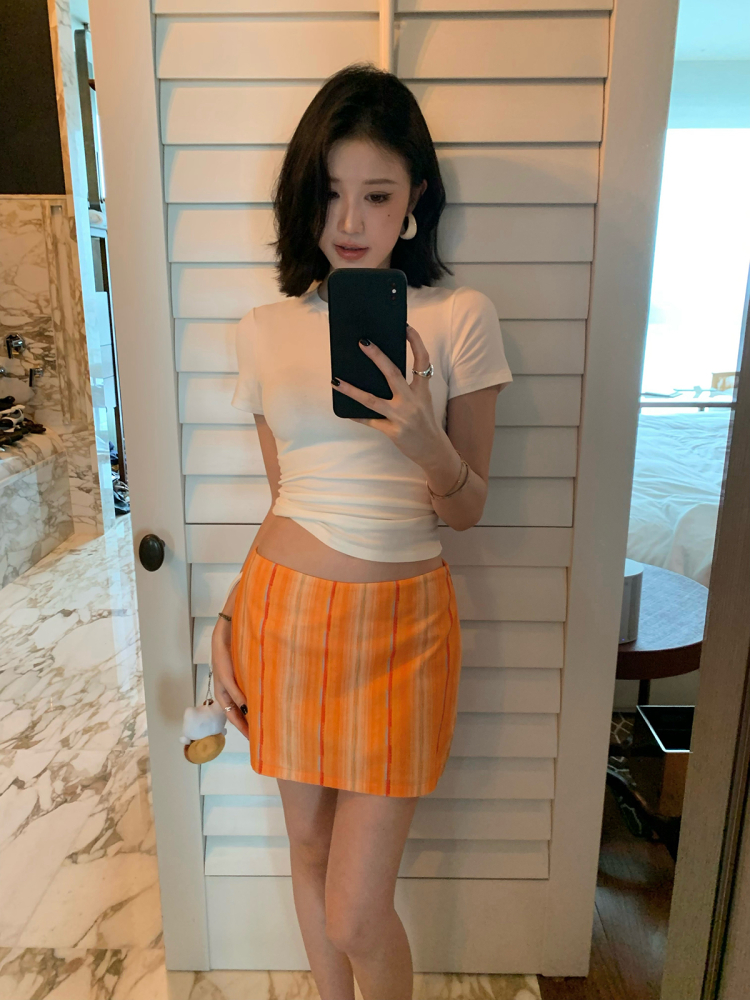 Orange Plaid Vertical Stripe Printed A-Line Skirt for Women - Summer Vintage Style Short Skirt Orange Plaid Vertical Stripe Printed A-Line Skirt for Women - Summer Vintage Style Short Skirt