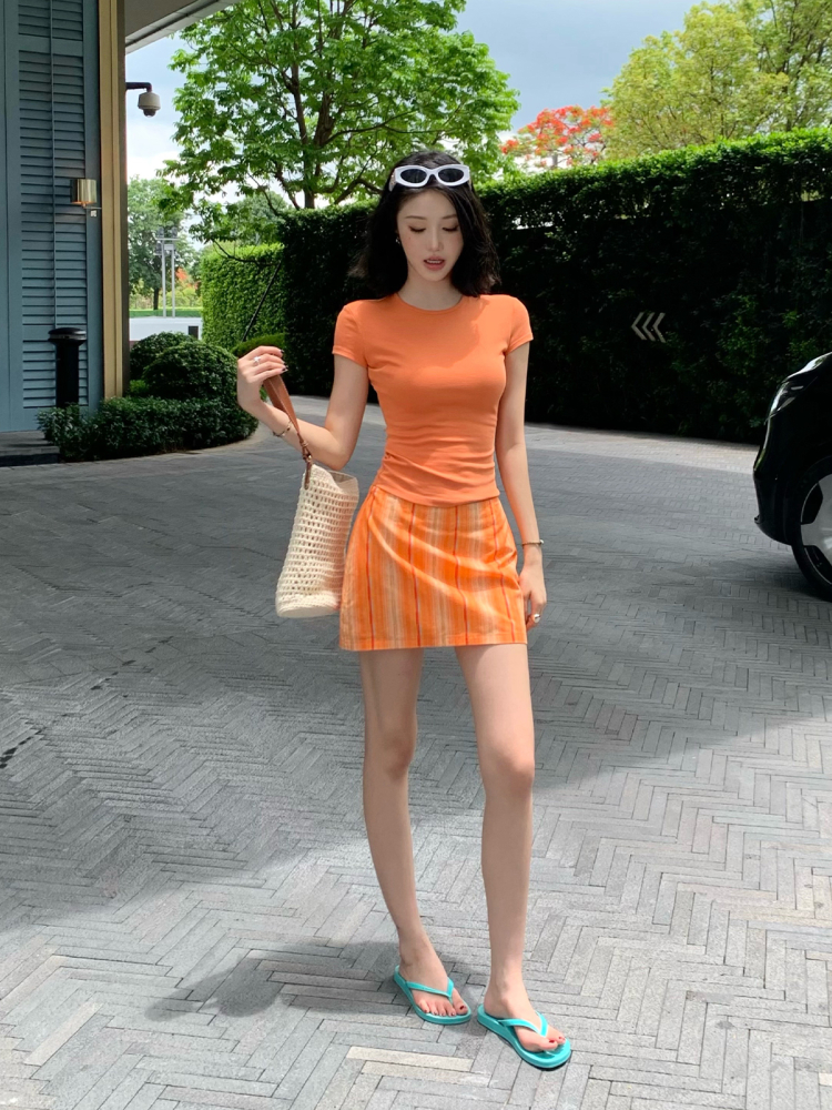 Orange Plaid Vertical Stripe Printed A-Line Skirt for Women - Summer Vintage Style Short Skirt Orange Plaid Vertical Stripe Printed A-Line Skirt for Women - Summer Vintage Style Short Skirt