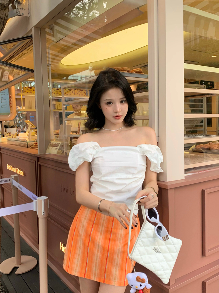 Orange Plaid Vertical Stripe Printed A-Line Skirt for Women - Summer Vintage Style Short Skirt