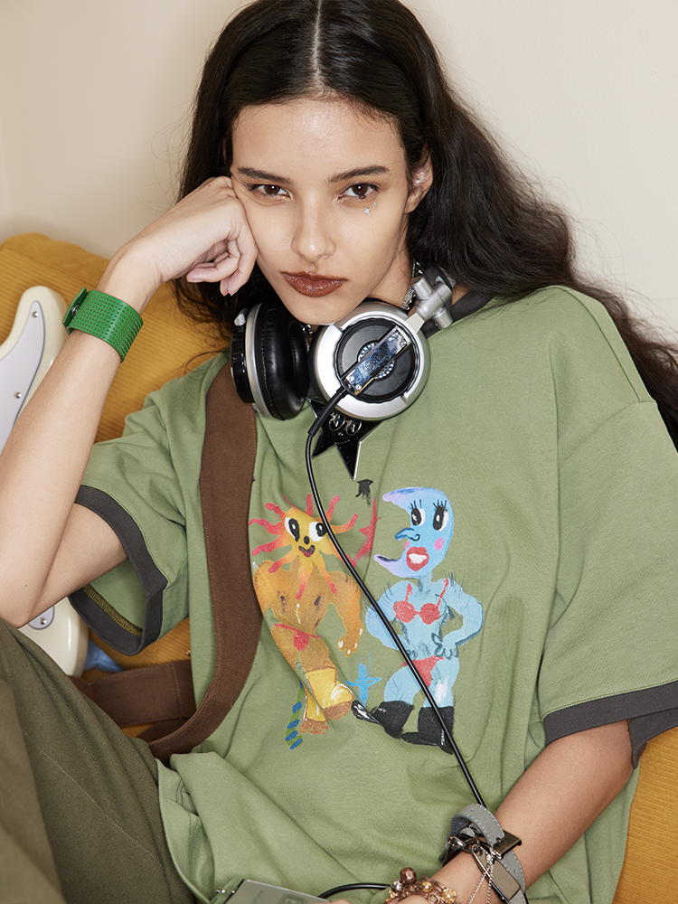 Original Artist Colored Printed Round Neck Color-Block Short Sleeve Cotton T-Shirt for a Unique Y2K Style Look