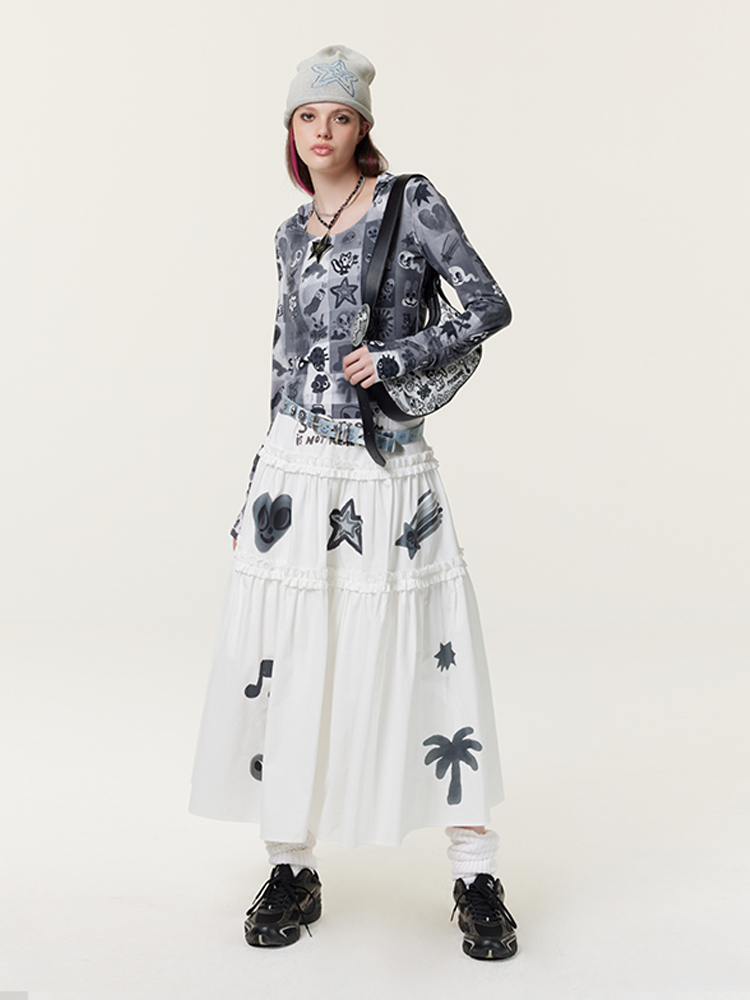 Original Graffiti Print White Lace Slim A-Line Midi Skirt - Trendy 90s Inspired Fashion Piece