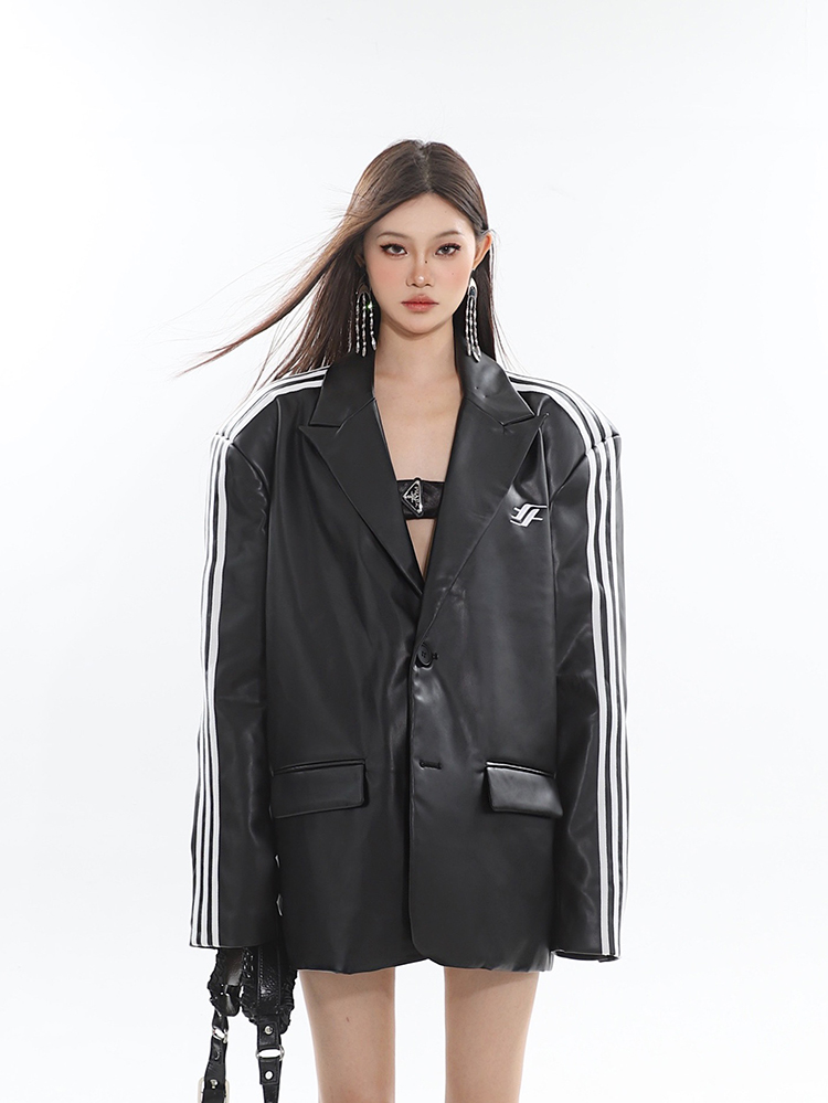 Oversized Black Leather Blazer for Women - Autumn Collection, Chic Niche Design, Long Sleeve Fashion Statement