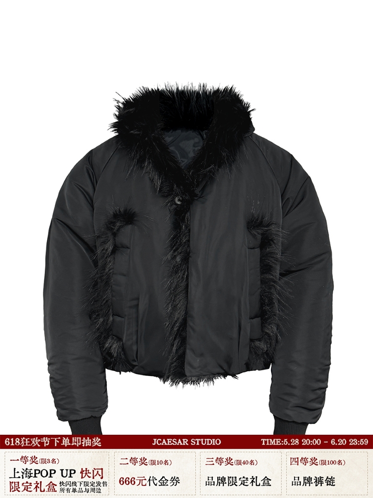 Oversized Nylon Fur Collar Bomber Jacket - 90s-Inspired Cotton Velvet with Placket and Raglan Sleeves for Stylish Winter Warmth