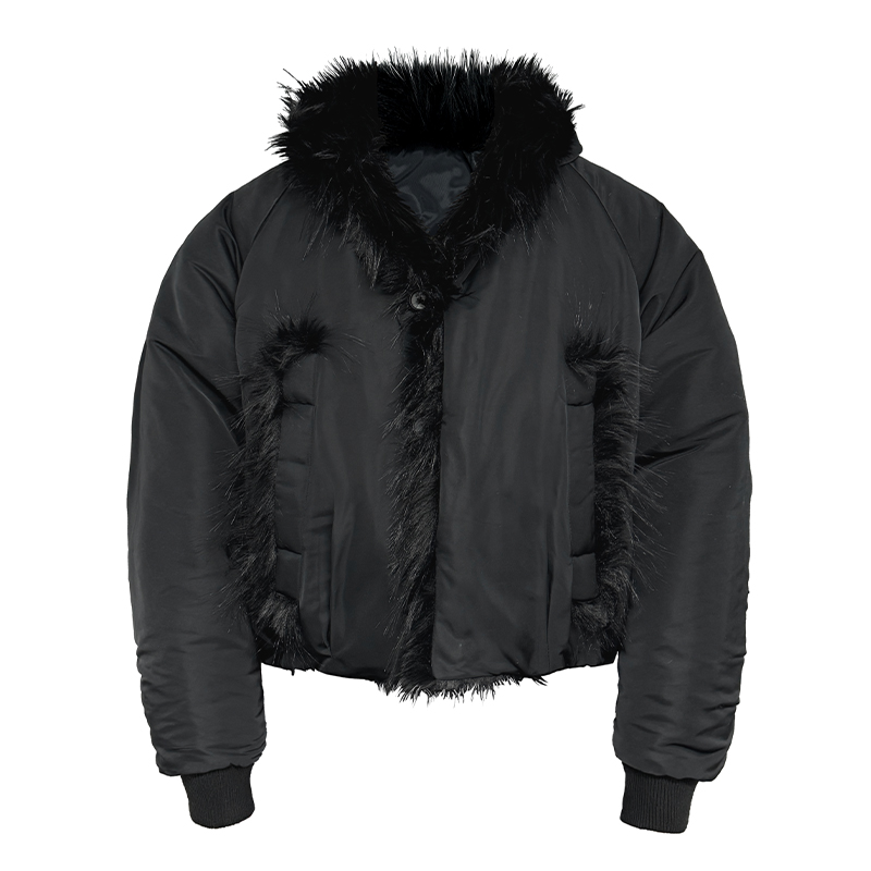 Oversized Nylon Fur Collar Bomber Jacket - 90s-Inspired Cotton Velvet with Placket and Raglan Sleeves for Stylish Winter Warmth