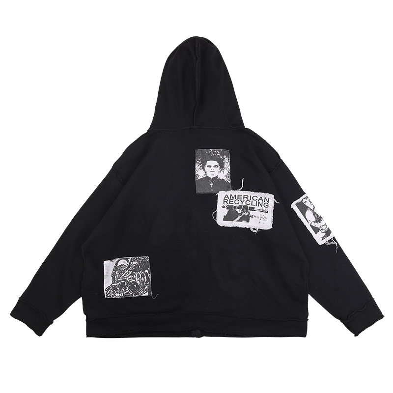 Patchwork Portrait Loose Hoodie for Men and Women - Trendy Autumn Winter Couple Cardigan Jacket, Stylish Unisex Fashion Outerwear