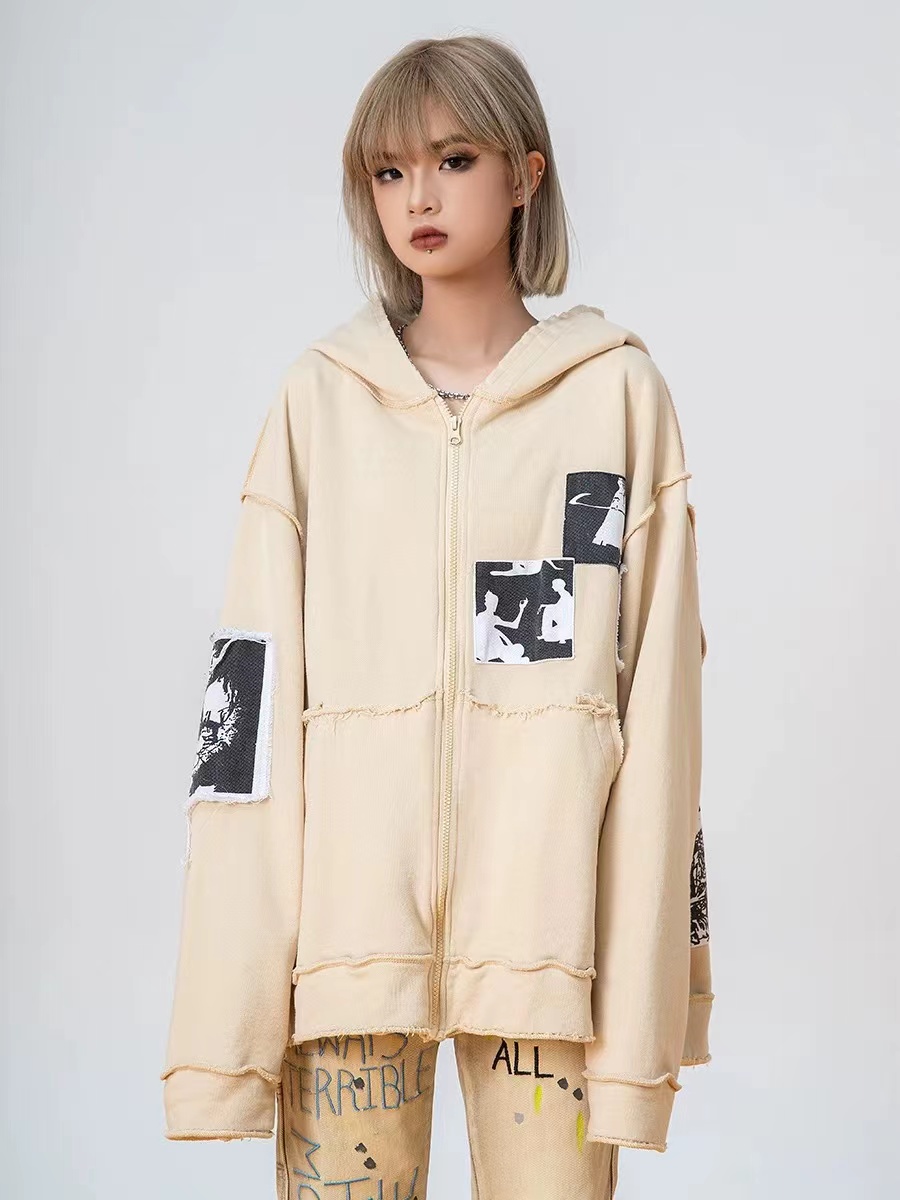 Patchwork Portrait Loose Hoodie for Men and Women - Trendy Autumn Winter Couple Cardigan Jacket, Stylish Unisex Fashion Outerwear