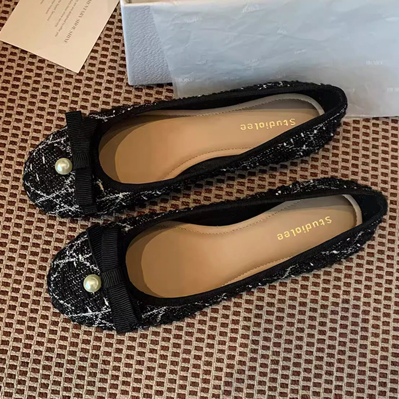 Pearl Bow Genuine Leather French Ballet Flats for Women - Elegant Spring Collection, Chanel-Style Small Shoes