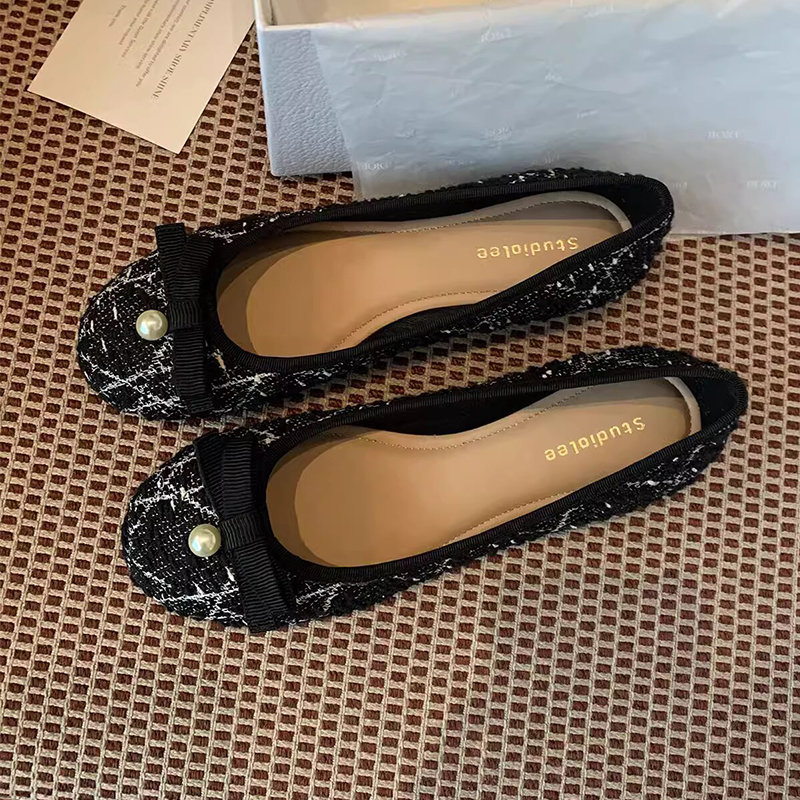 Pearl Bow Genuine Leather French Ballet Flats for Women - Elegant Spring Collection, Chanel-Style Small Shoes