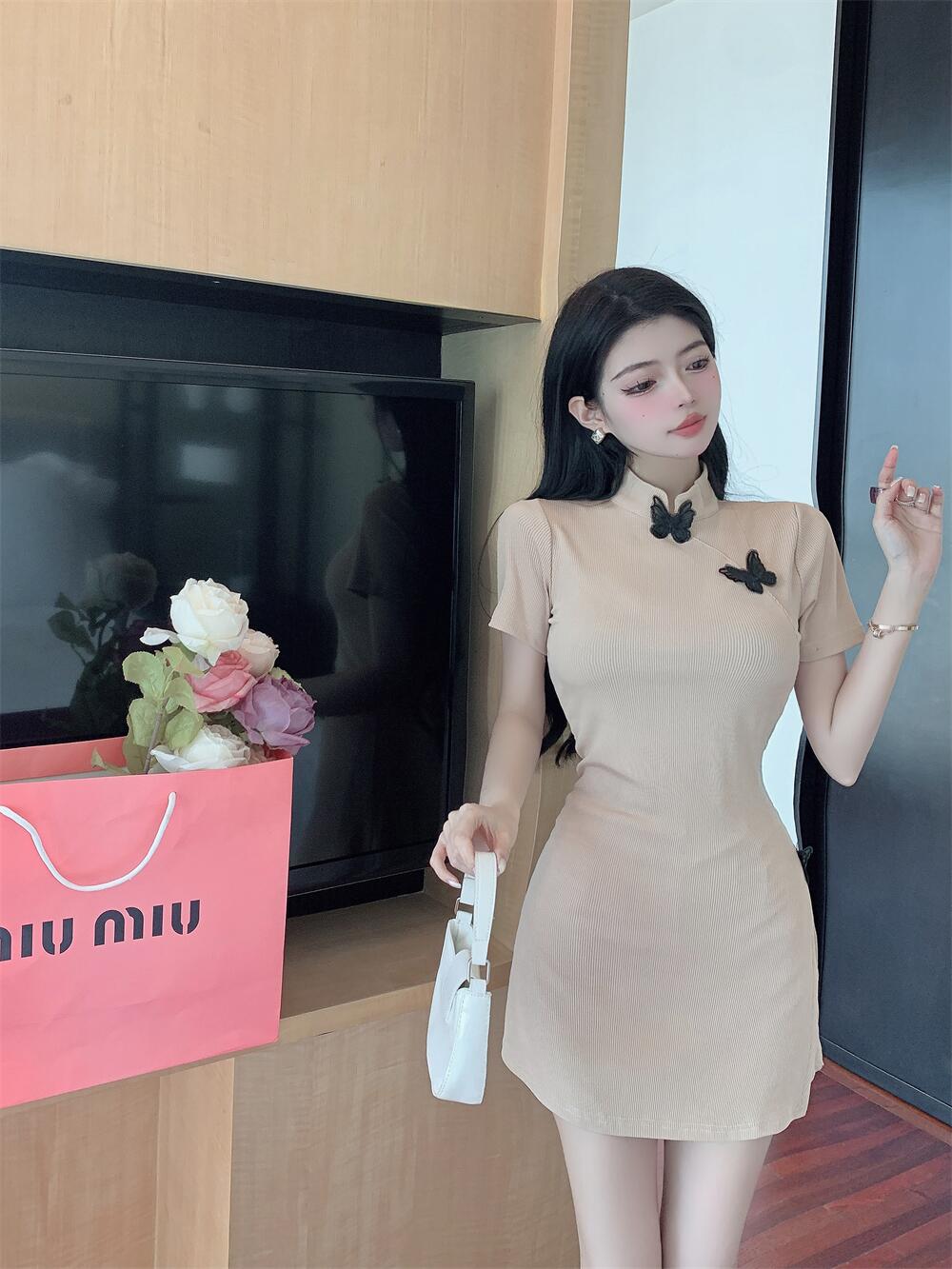 Petite Bodycon Dress for Women - Summer Sexy Pure Desire Style with Bow Short Skirt, Qipao-Inspired Design Petite Bodycon Dress for Women - Summer Sexy Pure Desire Style with Bow Short Skirt, Qipao-Inspired Design