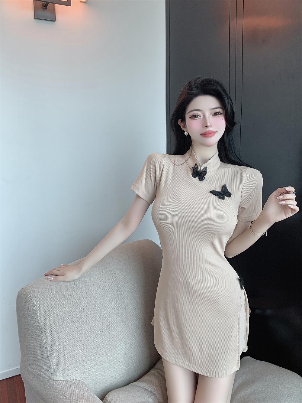 Petite Bodycon Dress for Women - Summer Sexy Pure Desire Style with Bow Short Skirt, Qipao-Inspired Design Petite Bodycon Dress for Women - Summer Sexy Pure Desire Style with Bow Short Skirt, Qipao-Inspired Design