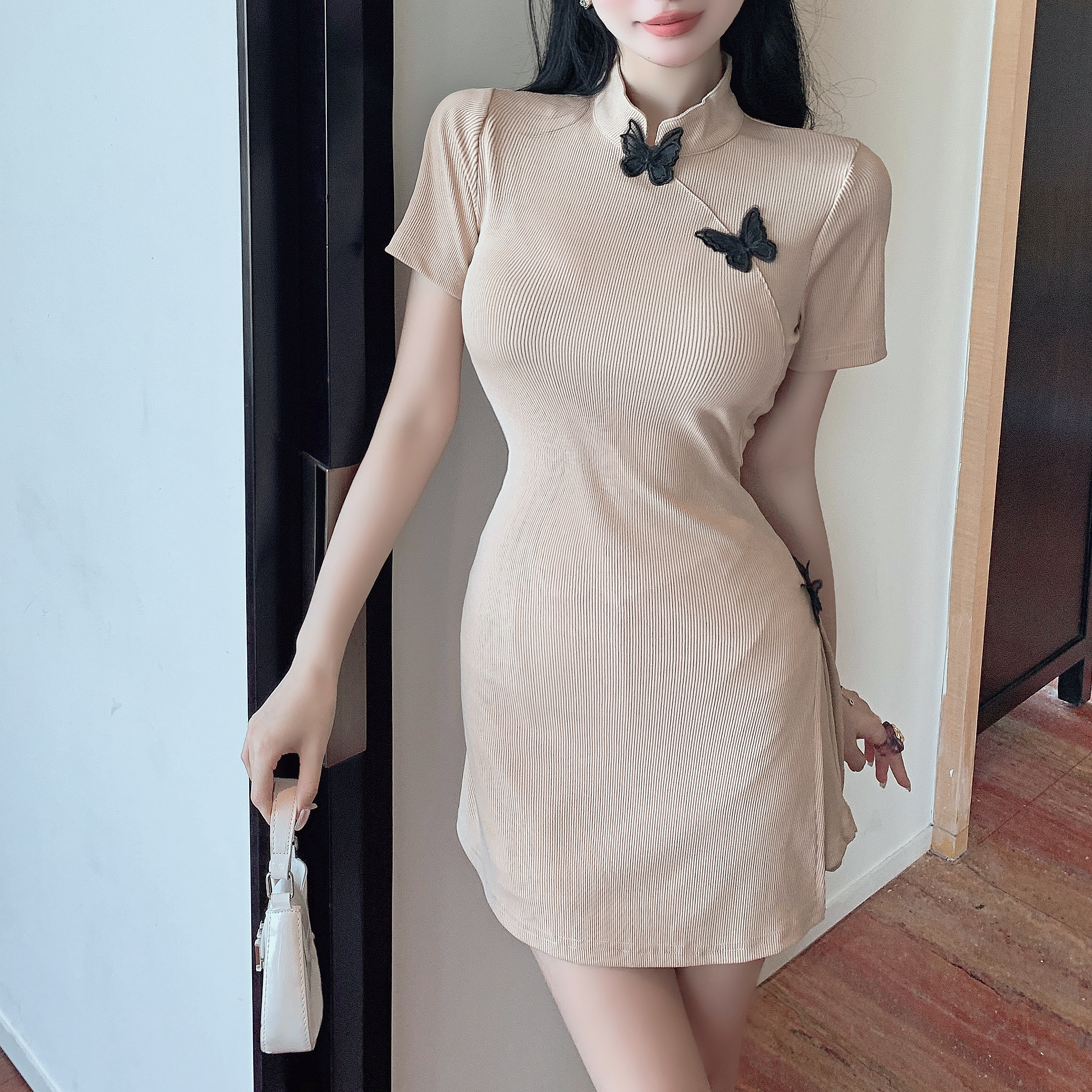 Petite Bodycon Dress for Women - Summer Sexy Pure Desire Style with Bow Short Skirt, Qipao-Inspired Design Petite Bodycon Dress for Women - Summer Sexy Pure Desire Style with Bow Short Skirt, Qipao-Inspired Design