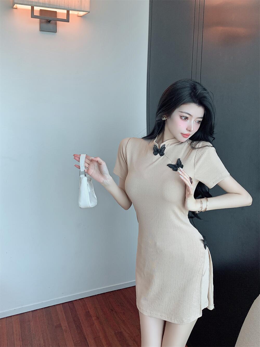 Petite Bodycon Dress for Women - Summer Sexy Pure Desire Style with Bow Short Skirt, Qipao-Inspired Design Petite Bodycon Dress for Women - Summer Sexy Pure Desire Style with Bow Short Skirt, Qipao-Inspired Design