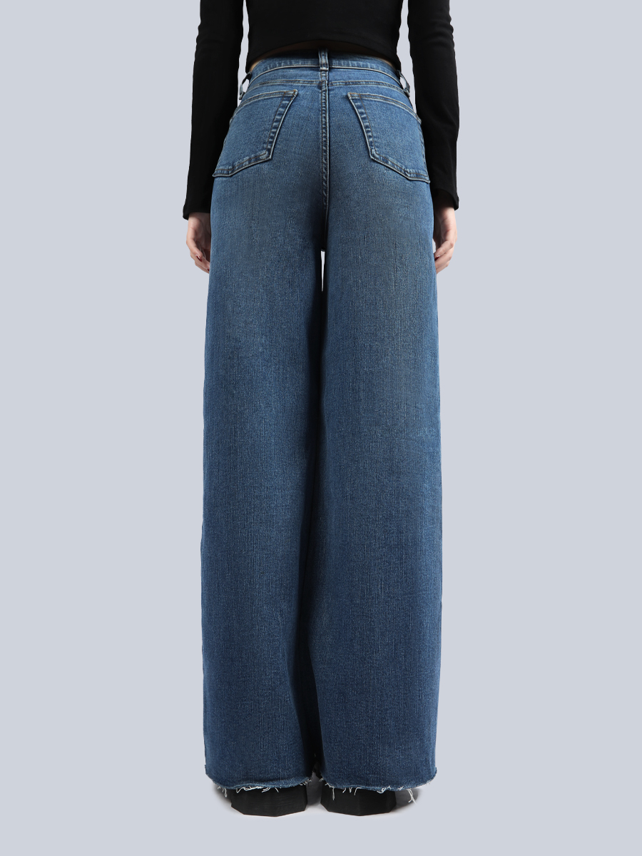 Petite Loose-Fitting Wide-Leg Dark Blue Jeans for Women - Straight-Leg Spring 2025 Style for Pear-Shaped Figures