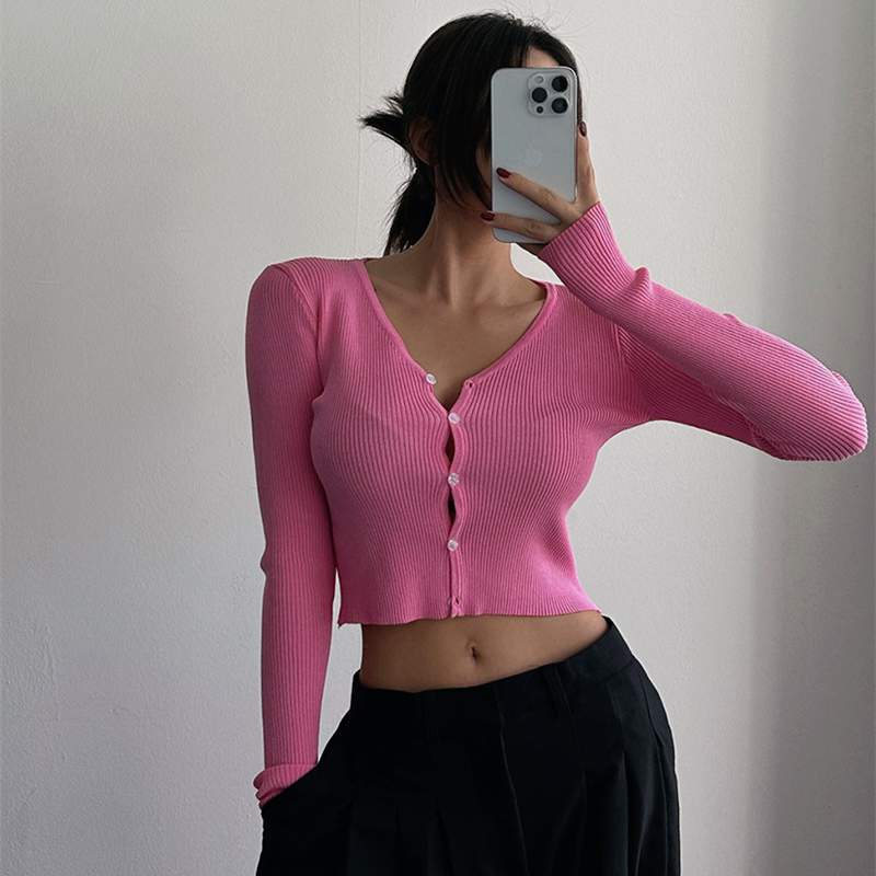 Petite Pink V-Neck Long Sleeve Knitted Cardigan for Women - Slim Fit, Single-Breasted, Stylish Korean Style Petite Pink V-Neck Long Sleeve Knitted Cardigan for Women - Slim Fit, Single-Breasted, Stylish Korean Style