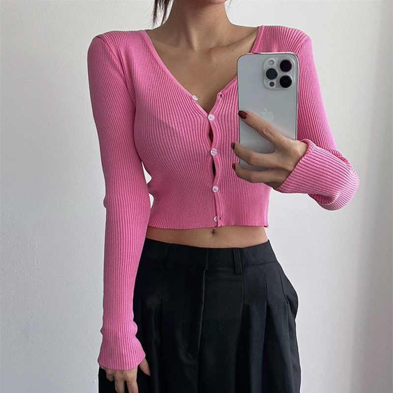 Petite Pink V-Neck Long Sleeve Knitted Cardigan for Women - Slim Fit, Single-Breasted, Stylish Korean Style