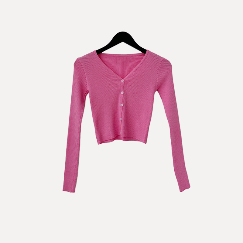 Petite Pink V-Neck Long Sleeve Knitted Cardigan for Women - Slim Fit, Single-Breasted, Stylish Korean Style Petite Pink V-Neck Long Sleeve Knitted Cardigan for Women - Slim Fit, Single-Breasted, Stylish Korean Style