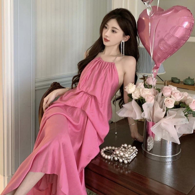 Pink Backless Halter Strap Dress for Women - Summer Vacation Style, Long Dress for Stunning Yunnan Dali Atmosphere Pink Backless Halter Strap Dress for Women - Summer Vacation Style, Long Dress for Stunning Yunnan Dali Atmosphere