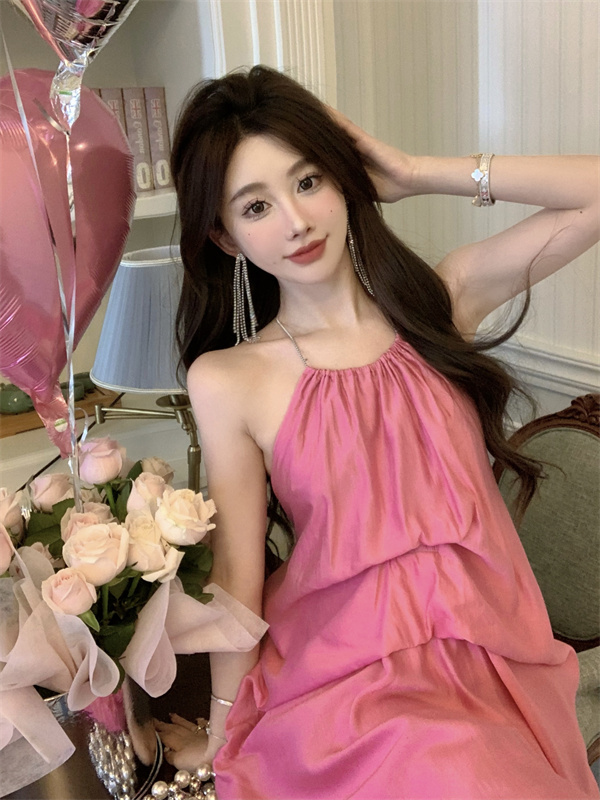 Pink Backless Halter Strap Dress for Women - Summer Vacation Style, Long Dress for Stunning Yunnan Dali Atmosphere Pink Backless Halter Strap Dress for Women - Summer Vacation Style, Long Dress for Stunning Yunnan Dali Atmosphere