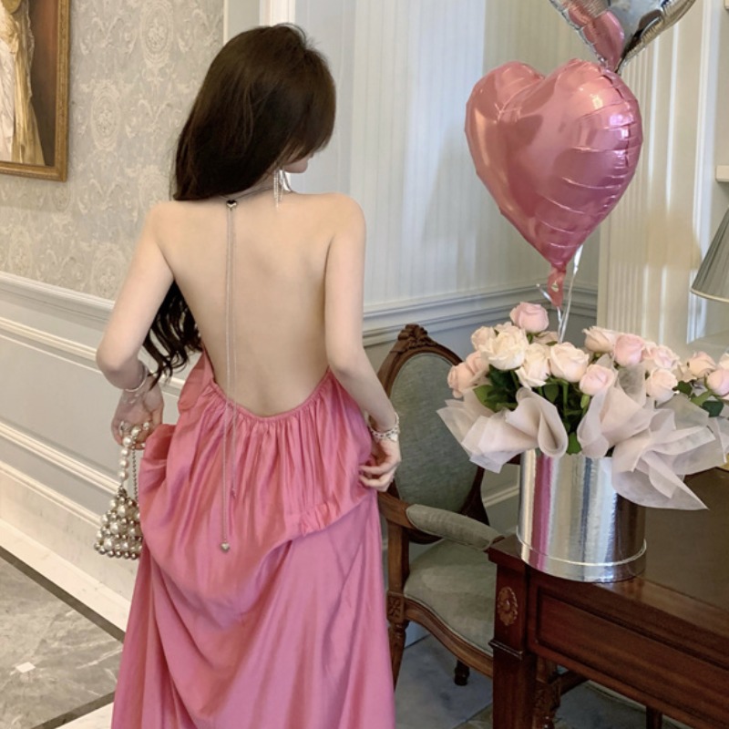 Pink Backless Halter Strap Dress for Women - Summer Vacation Style, Long Dress for Stunning Yunnan Dali Atmosphere