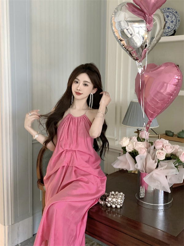 Pink Backless Halter Strap Dress for Women - Summer Vacation Style, Long Dress for Stunning Yunnan Dali Atmosphere
