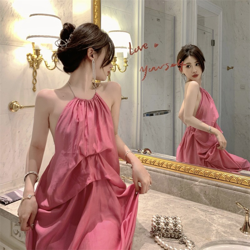 Pink Backless Halter Strap Dress for Women - Summer Vacation Style, Long Dress for Stunning Yunnan Dali Atmosphere Pink Backless Halter Strap Dress for Women - Summer Vacation Style, Long Dress for Stunning Yunnan Dali Atmosphere