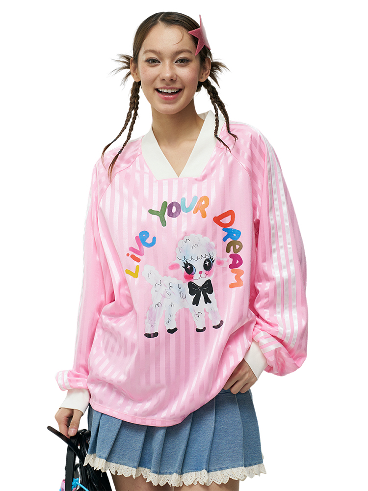 Pink Cute Little Sheep Printed Baseball Jersey Long Sleeve Loose T-Shirt - Y2K Style Casual Top for Trendy Outfits Pink Cute Little Sheep Printed Baseball Jersey Long Sleeve Loose T-Shirt - Y2K Style Casual Top for Trendy Outfits