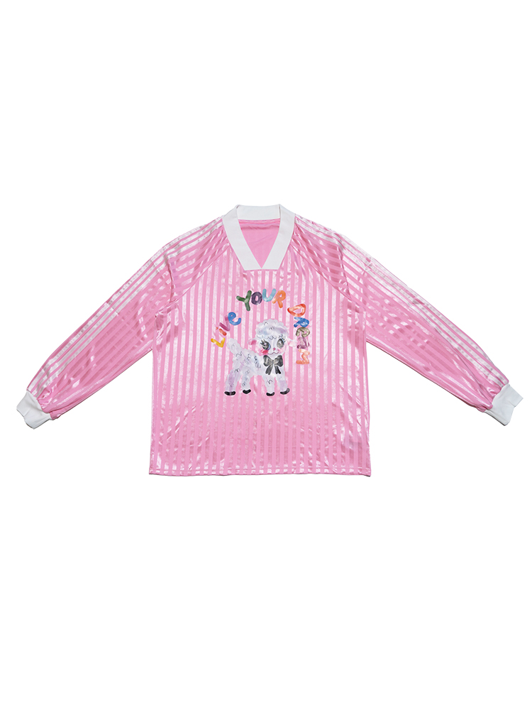 Pink Cute Little Sheep Printed Baseball Jersey Long Sleeve Loose T-Shirt - Y2K Style Casual Top for Trendy Outfits Pink Cute Little Sheep Printed Baseball Jersey Long Sleeve Loose T-Shirt - Y2K Style Casual Top for Trendy Outfits