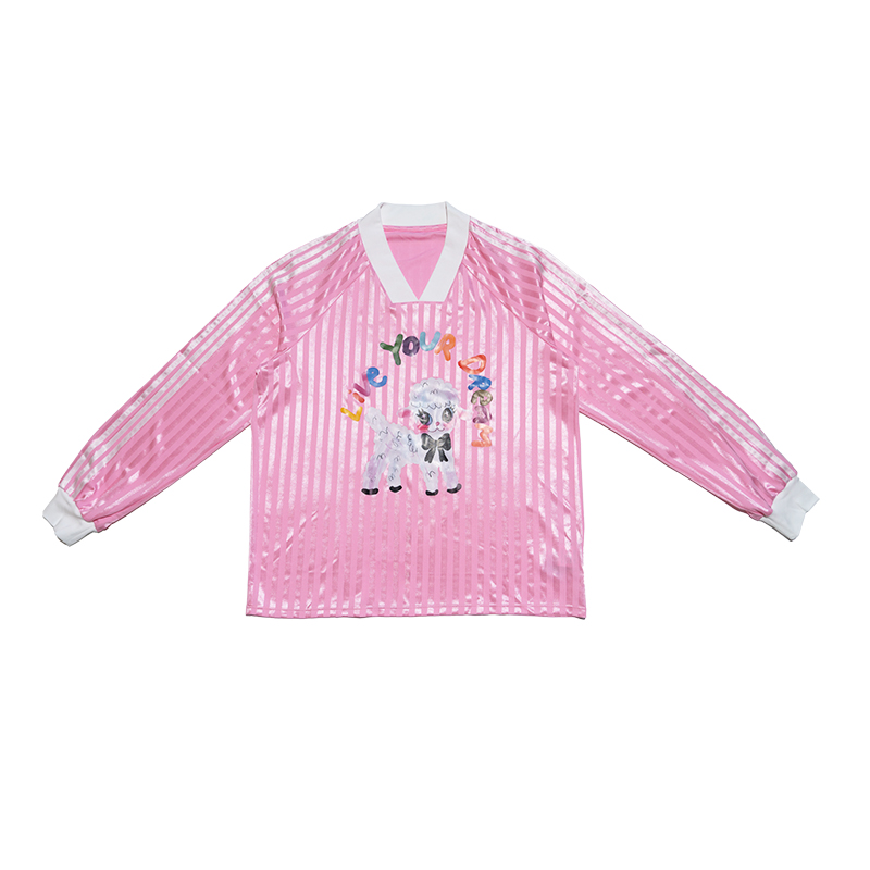 Pink Cute Little Sheep Printed Baseball Jersey Long Sleeve Loose T-Shirt - Y2K Style Casual Top for Trendy Outfits