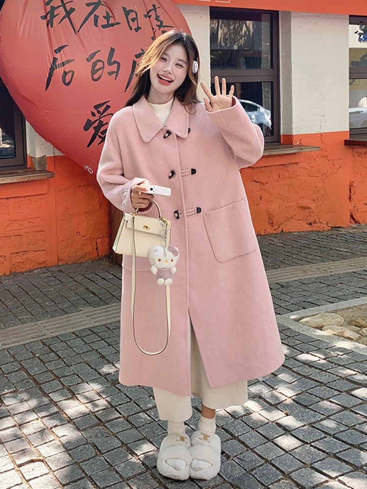 Pink Double-Sided Cashmere Long Wool Coat for Women - Elegant Horn Button Design, 2025 High-End Fashion Overcoat