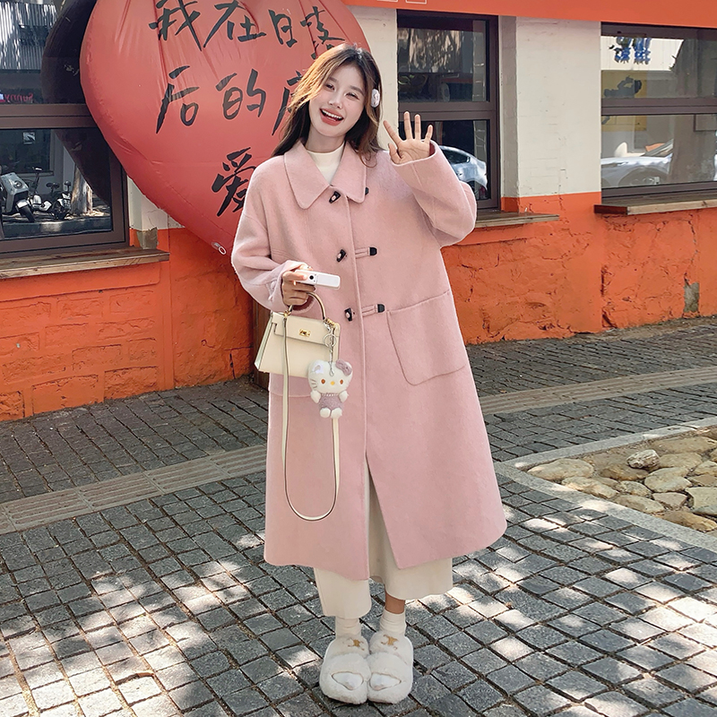 Pink Double-Sided Cashmere Long Wool Coat for Women - Elegant Horn Button Design, 2025 High-End Fashion Overcoat