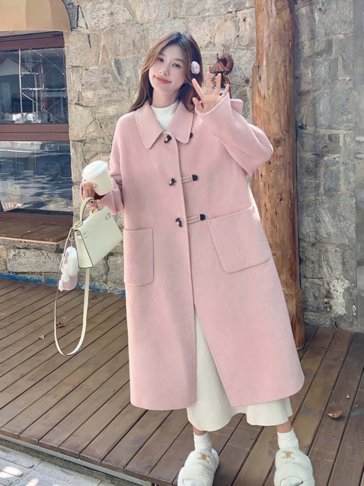 Pink Double-Sided Cashmere Long Wool Coat for Women - Elegant Horn Button Design, 2025 High-End Fashion Overcoat Pink Double-Sided Cashmere Long Wool Coat for Women - Elegant Horn Button Design, 2025 High-End Fashion Overcoat