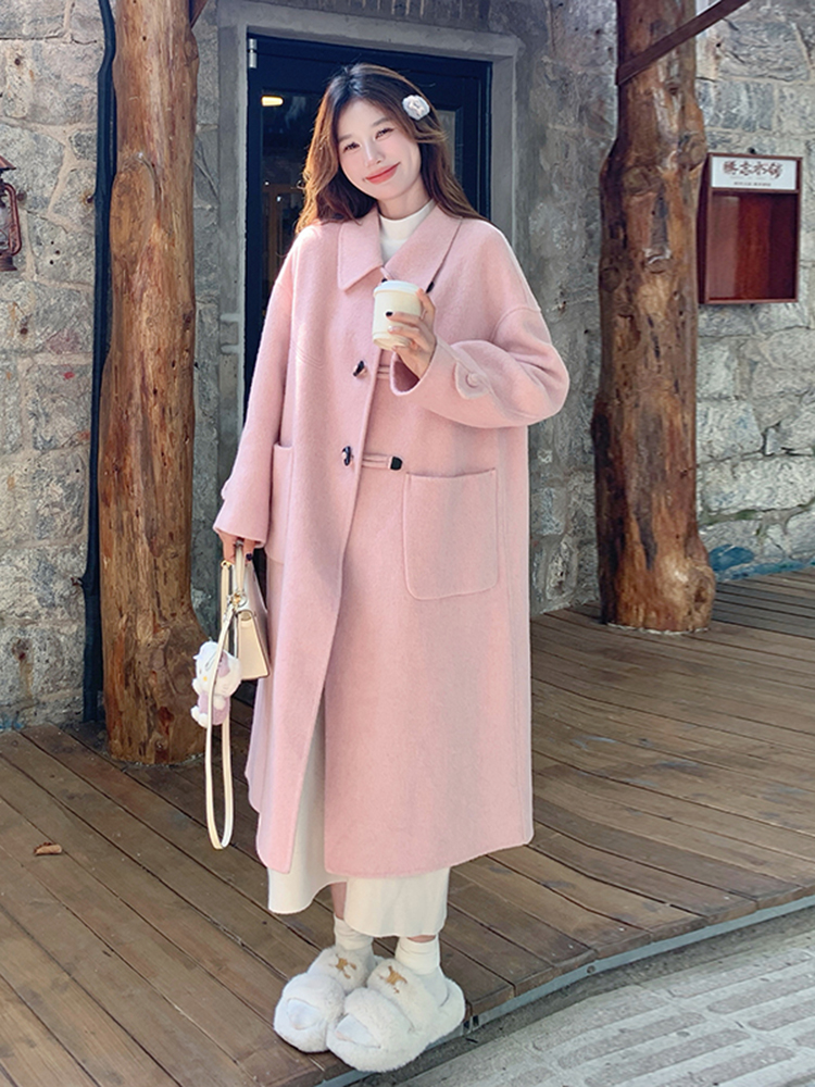 Pink Double-Sided Cashmere Long Wool Coat for Women - Elegant Horn Button Design, 2025 High-End Fashion Overcoat Pink Double-Sided Cashmere Long Wool Coat for Women - Elegant Horn Button Design, 2025 High-End Fashion Overcoat