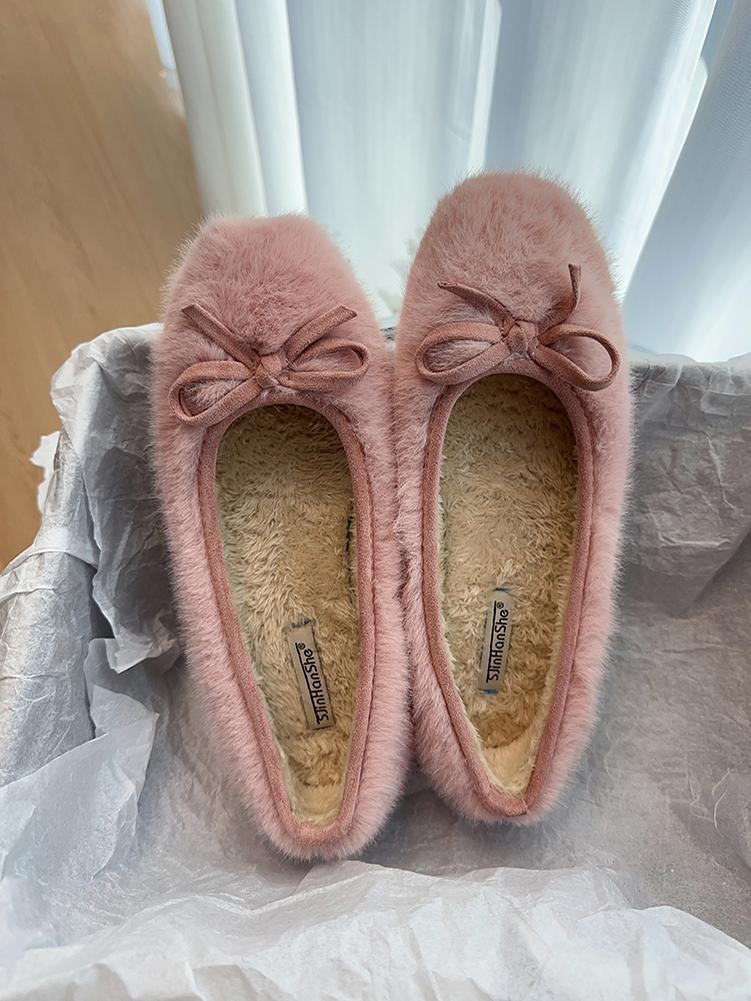 Pink Fluffy Bow Flats for Women - Elegant Plush Cotton Shoes, 2025 Autumn Winter Style, Fairy Tale Inspired, Cute Y2K Design