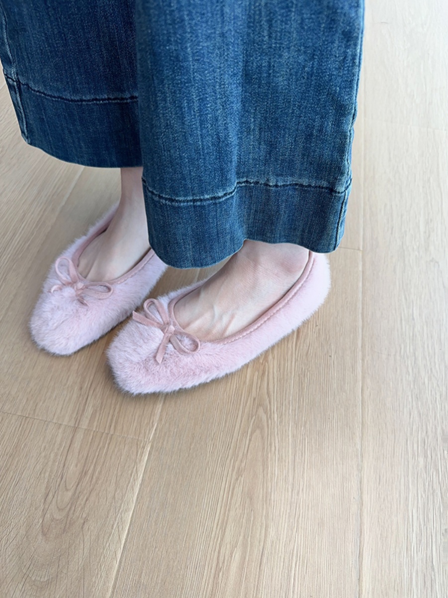 Pink Fluffy Bow Flats for Women - Elegant Plush Cotton Shoes, 2025 Autumn Winter Style, Fairy Tale Inspired, Cute Y2K Design