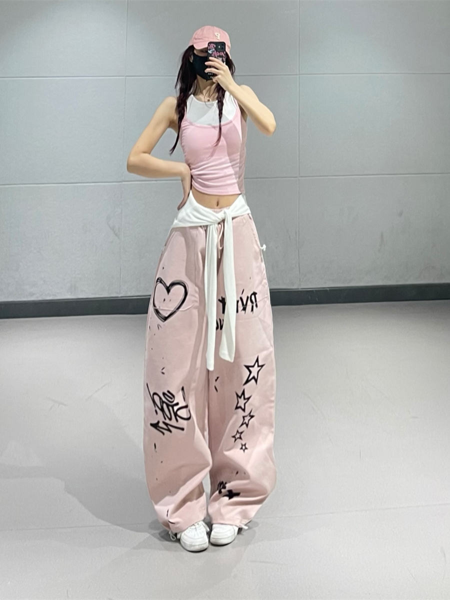 Pink Graffiti Print Jazz Dance Sweatpants for Women - Casual Straight-Leg Pants with Trendy Group Ins Design Pink Graffiti Print Jazz Dance Sweatpants for Women - Casual Straight-Leg Pants with Trendy Group Ins Design