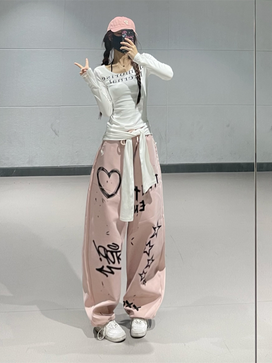 Pink Graffiti Print Jazz Dance Sweatpants for Women - Casual Straight-Leg Pants with Trendy Group Ins Design Pink Graffiti Print Jazz Dance Sweatpants for Women - Casual Straight-Leg Pants with Trendy Group Ins Design