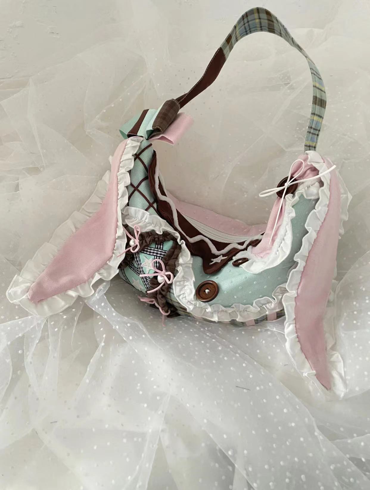 Pink Plaid Rabbit Ear Patchwork Canvas Bag, Large Capacity Commuter Shoulder Crossbody with Bow, Y2K Style