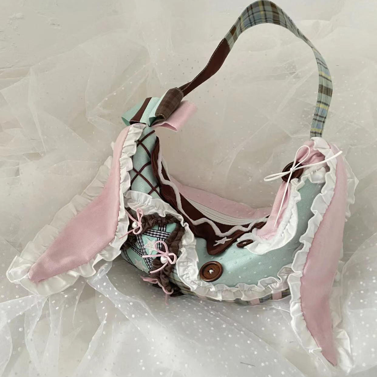 Pink Plaid Rabbit Ear Patchwork Canvas Bag, Large Capacity Commuter Shoulder Crossbody with Bow, Y2K Style