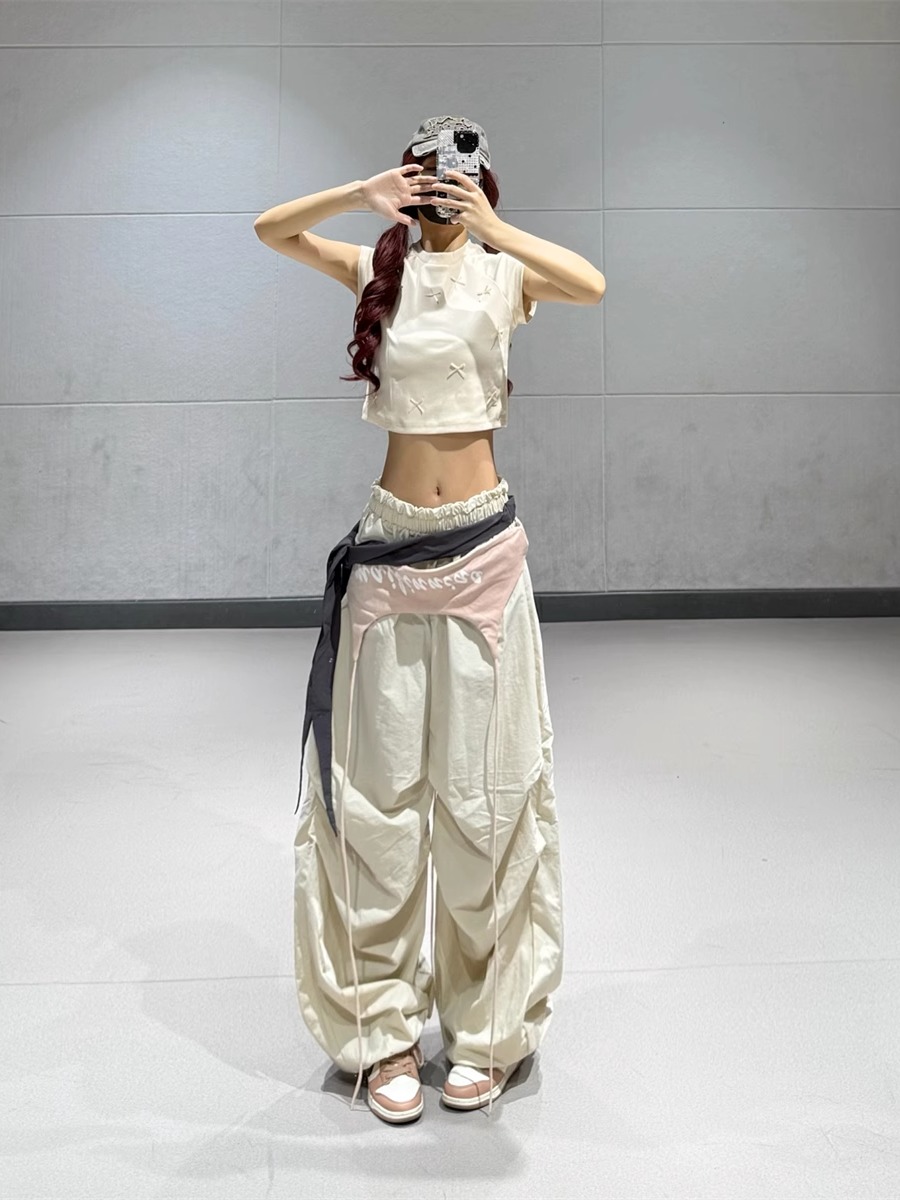 Pink Short Dance Top with Beige Layered Tie Casual Work Pants - Lightweight Quick-Dry Fashion Set for Y2K Style Pink Short Dance Top with Beige Layered Tie Casual Work Pants - Lightweight Quick-Dry Fashion Set for Y2K Style