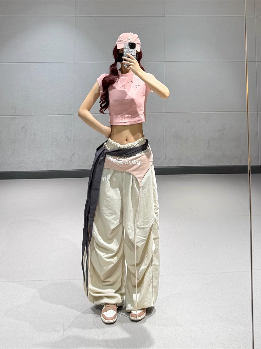 Pink Short Dance Top with Beige Layered Tie Casual Work Pants - Lightweight Quick-Dry Fashion Set for Y2K Style