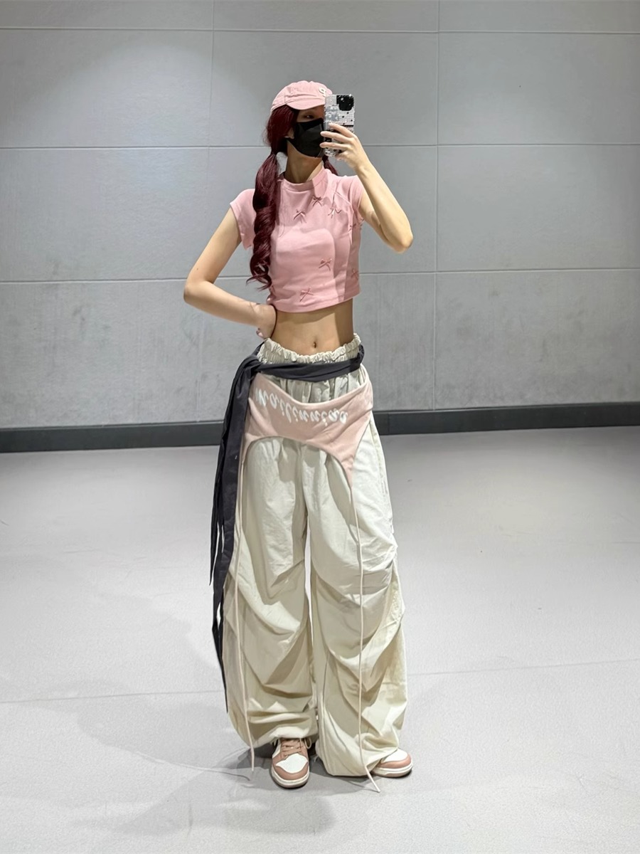 Pink Short Dance Top with Beige Layered Tie Casual Work Pants - Lightweight Quick-Dry Fashion Set for Y2K Style Pink Short Dance Top with Beige Layered Tie Casual Work Pants - Lightweight Quick-Dry Fashion Set for Y2K Style