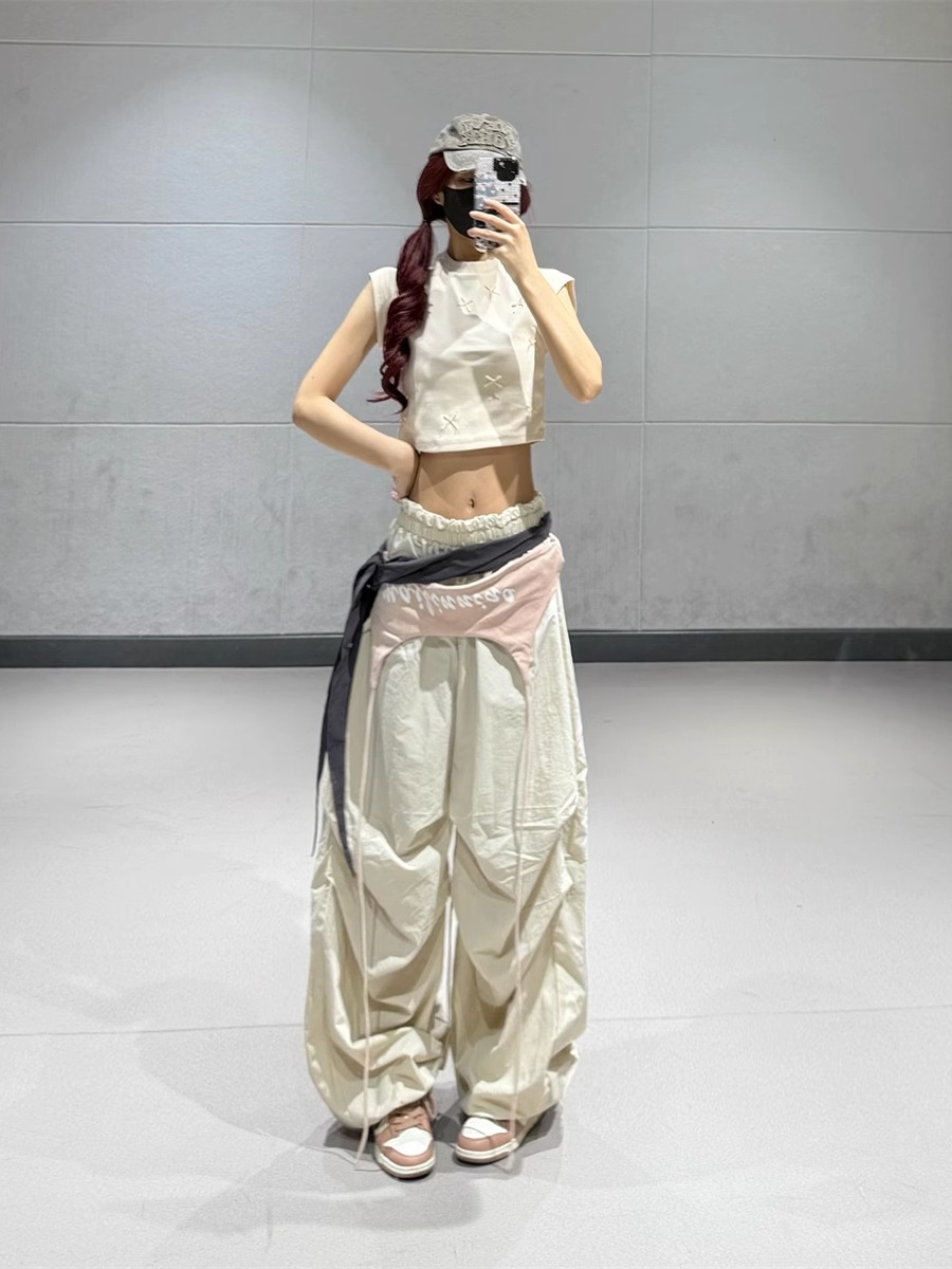 Pink Short Dance Top with Beige Layered Tie Casual Work Pants - Lightweight Quick-Dry Fashion Set for Y2K Style Pink Short Dance Top with Beige Layered Tie Casual Work Pants - Lightweight Quick-Dry Fashion Set for Y2K Style