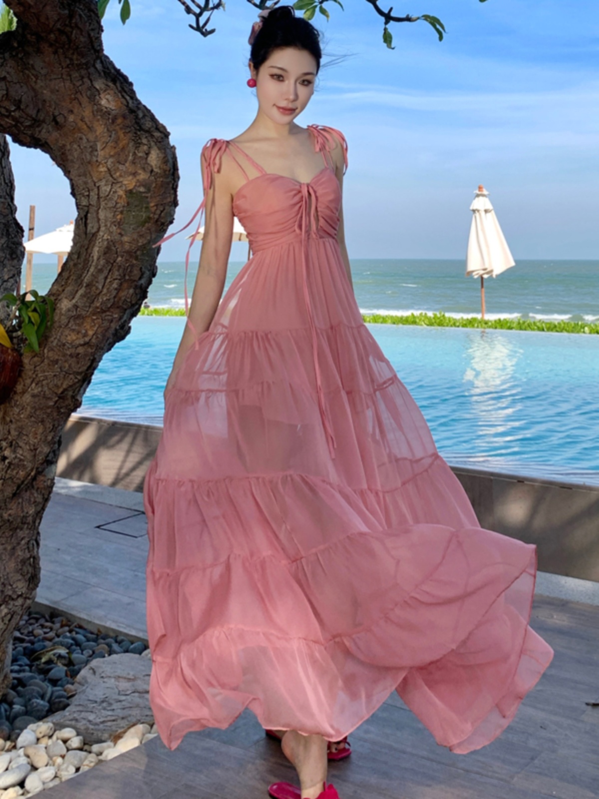 Pink Spaghetti Strap Dress for French Seaside Vacation, Fairy Travel Vibes, Perfect for Thailand Sanya Island Photos Pink Spaghetti Strap Dress for French Seaside Vacation, Fairy Travel Vibes, Perfect for Thailand Sanya Island Photos
