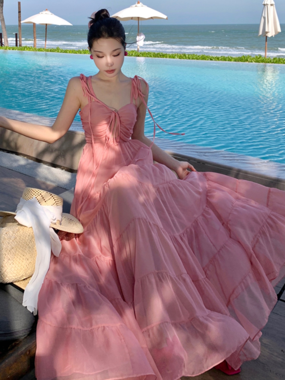 Pink Spaghetti Strap Dress for French Seaside Vacation, Fairy Travel Vibes, Perfect for Thailand Sanya Island Photos